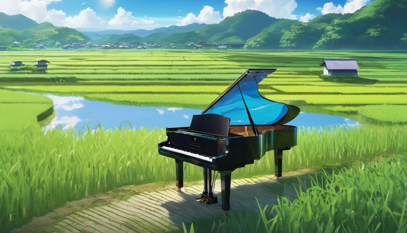 A grand piano in the Japanese countryside、In the background, rice fields are planted.、The sky is a piercing blue.、Makoto Shinkai style touch、A grand piano placed on the bank in front of the rice fields、The piano is not submerged in water.、A grand piano placed beside a rice field