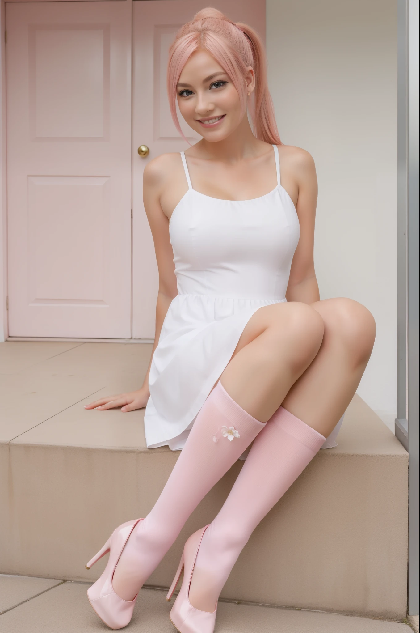 1girl, white dress, pink eyes, pink hair with a ponytail, long socks, red heels, ((realistic)), smile, looking at viewer
