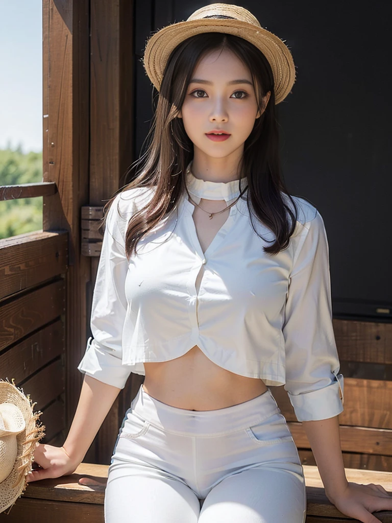 Look at this and smile、Colorful summer clothes、top quality、masterpiece、超High resolution、(actual:1.4)、Very wide lens、close up、Young woman beautiful、Nice detailed eyes and skin、smile、Short brown hair haircut、bust、Small necklace、、straw fedora hat、、Summer sky、(highest image quality: 1.35), high quality, Realistic photo, (A beautiful woman:1.33), beautiful expression, (delicate eyes:1.3), (delicate face:1.3), Smile, (light hair silhouette:1.2), Super detailed , high resolution, Athletic figure, (big breasts:1.25), (long hair:1.2), (beautiful woman), (Cute navel:1.2), ( Depth of field f/1.8:1.45 ), sharp focus, original image , (Thin white shirt:1.45), (Thin white pants:1.4), (Thin white tight pants:1.4 ), (shirt thin white eyelashes:1.4), (thick thighs:1.5), (forward facing:1.25), (cowboy photo:1.4), (night sports:1.4), ( dark sky:1.5 ),