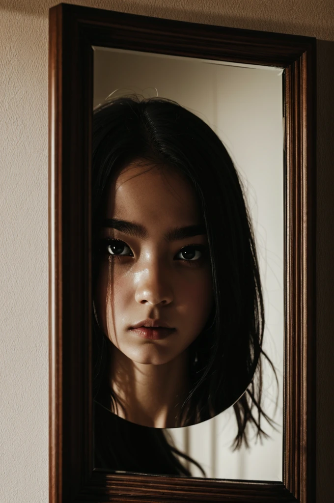 A reflection a cursed girl in an mirror with black eyes covered in blood