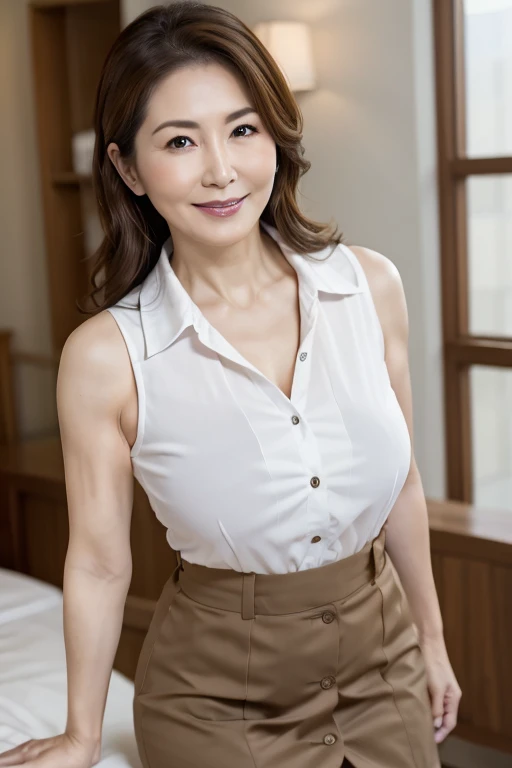 Full Body Shot,,50 years old,Mature Woman,detailedな目,Wrinkles around the eyes,A kind smile,big 1.6,Saggy breasts 1.3,Plump body,Sensual,(masterpiece:1.6, Highest quality), Intricate details, Written boundary depth,detailed, See-through sleeveless shirt with buttons and collar、Tight mini skirt、Erect nipples、I can see your belly,8k,Highest quality, masterpiece, Ultra-high resolution,, Random hairstyle