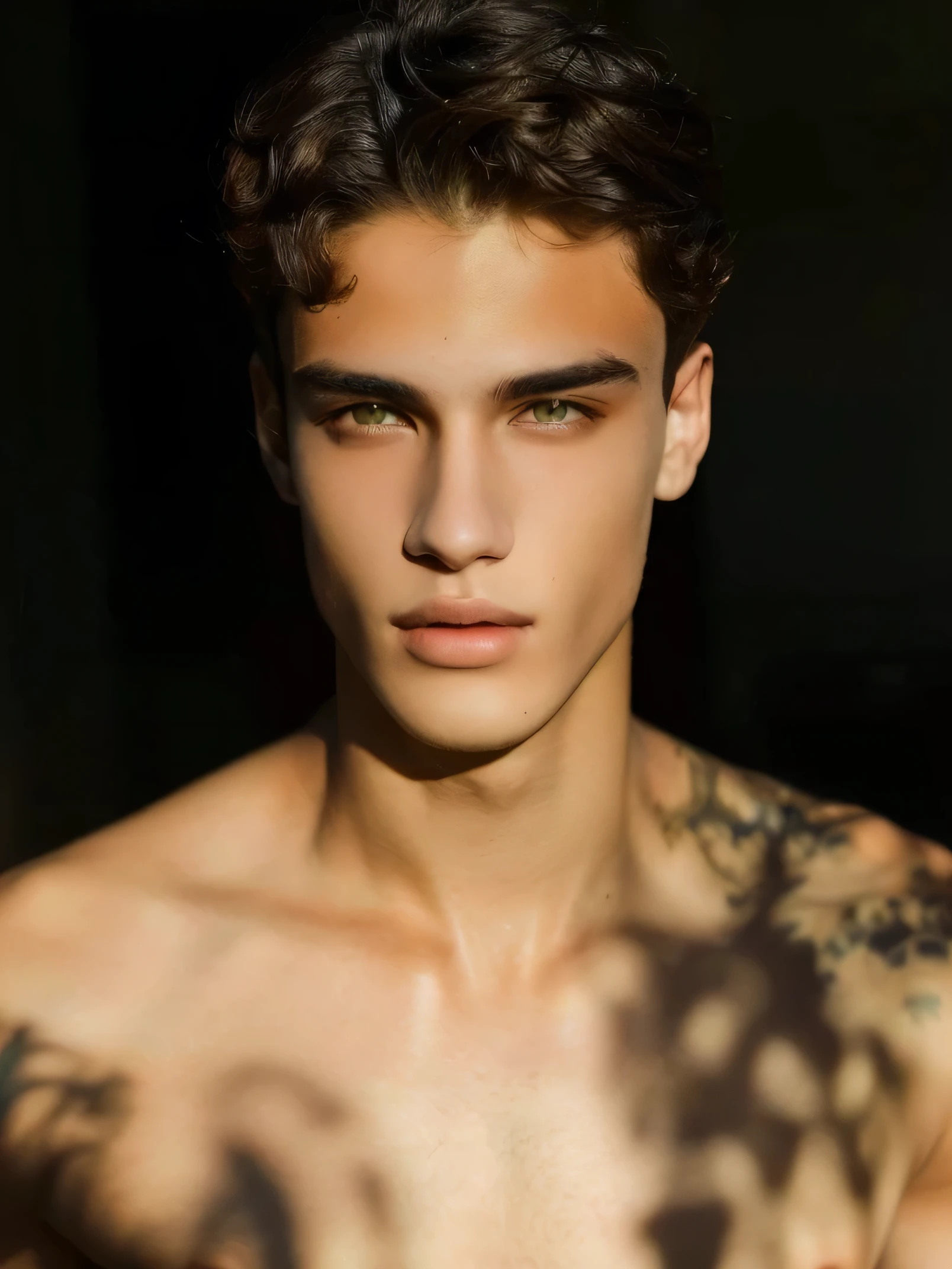 homem arafiado e sem camisa posando para uma foto, Modelo masculino, anato finstark. rostos perfeitos, rosto perfeito e menino, perfect Rosto bonito, modelo editorial, cabelo preto com corte graduation, meio do tiro de um bonito, Rosto bonito, lindo jovem, inspirado em um editorial, luz solar.