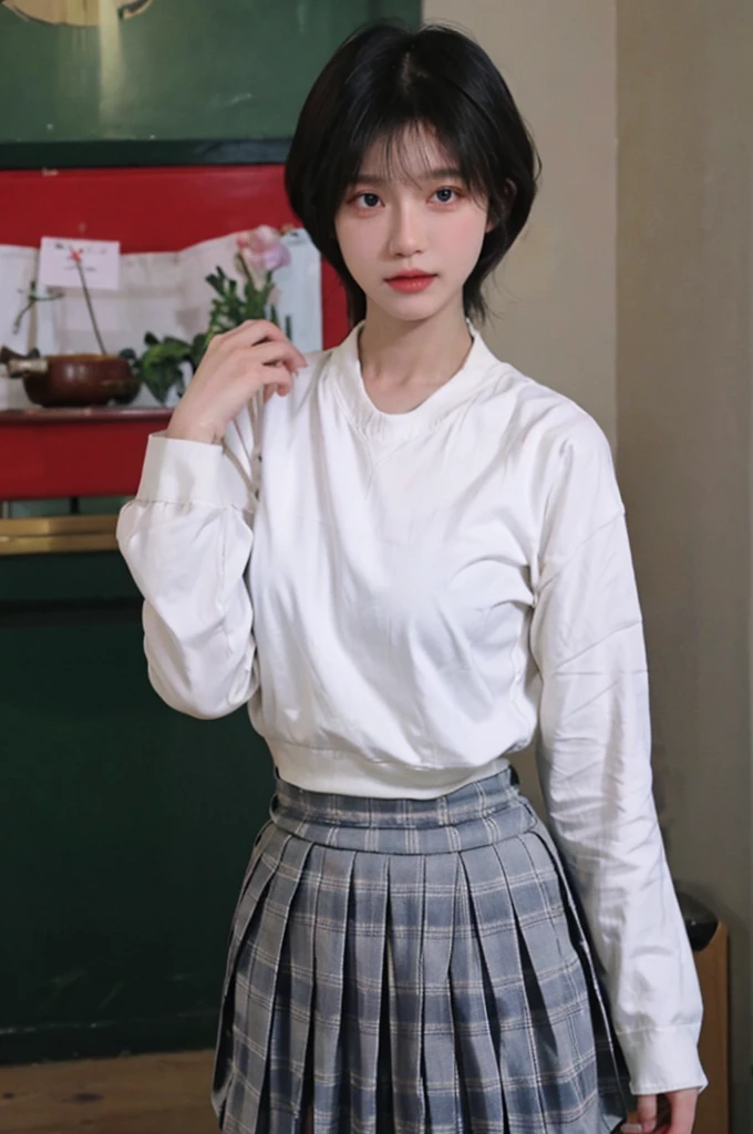 Beautiful woman with perfect figure:1.4，Ultra-high resolution，白色Super short pleated skirt，（lifelike：1.4），Layered Hairstyle，Lipstick，White skin，Super short pleated skirt，whole body，Very delicate face and skin texture，Double eyelids，Skin Whitening，short hair，White hair