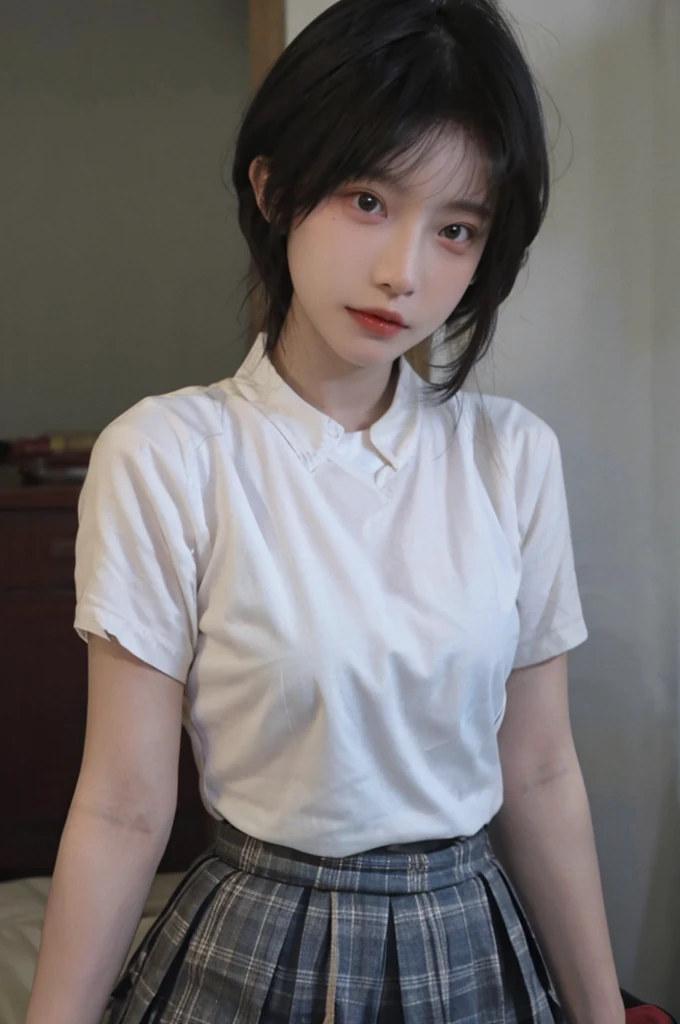 Beautiful woman with perfect figure:1.4,Ultra-high resolution,白色Super short pleated skirt,(lifelike:1.4),Layered Hairstyle,Lipstick,White skin,Super short pleated skirt,whole body,Very delicate face and skin texture,Double eyelids,Skin Whitening,short hair,White hair