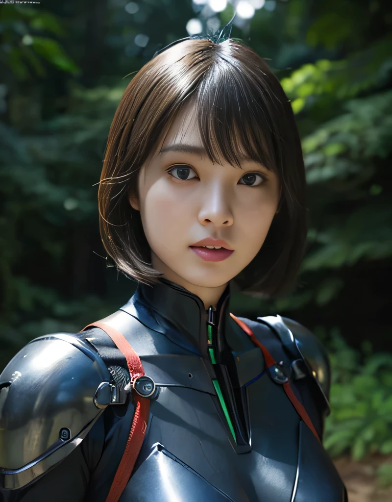 ((Fighting monsters))、Highest quality、masterpiece、Ultra-high resolution、(Photorealistic:1.4)、RAW Photos、1 Girl、Black Hair、Glowing Skin、(((1. Mechanical Girl)))、With a beautiful knife、（Blue Metal Bodysuit）、(Beautiful forest background)、(Fighting monsters)、(Small LED)、((Ultra-Realistic Details))、Vertical Giant Monster Background),Global Illumination、Shadow、Octane Rendering、8k、Ultra Sharp、The skin between her breasts is exposed、Metal、Intricate decorative detailore about Japan、Very intricate detail、Realistic Light、CG Social Trends、Red eyes、Eyes shining at the camera、Mechanical vertebrae are attached to the back.、Machine edge vessels are connected to neon detail tubes、Cervical vertebrae mechanically attached to the neck、(Wires and cables connected to the head)、Gundam、Small LED、,Mechanical thigh、2 stocks、（Even the hands are made of machines.On Star Attack）、（Wounded in a deadly battle）、short hair、Natural smile、Embarrassed、