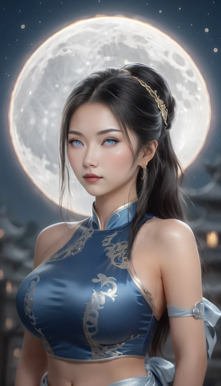 Distant wide angle view, Create a highly detailed ultra realistic photo of a confident, strong female warrior standing against a glowing moonlit background. She has a fair complexion with subtle makeup accentuating her large, expressive blue eyes. Her dark hair is styled in an elegant updo adorned with white ribbons and hair ornaments, framing her face perfectly. She is wearing a form-fitting, traditional Chinese-inspired blue qipao with gold trim and decorative moon patterns on her chest, which accentuate her figure. Her outfit includes a wide, intricately patterned silver sash around her waist. She has a confident, friendly smile, and her expression conveys both strength and grace. She is wearing black wristbands with silver spikes. The background features a large, glowing full moon, casting a soft halo around her, with minimalistic, abstract designs adding depth. Small glowing embers float in the air, adding a touch of mystique to the scene. Distant full body view, ultra realistic photo, vibrant colors, 16k