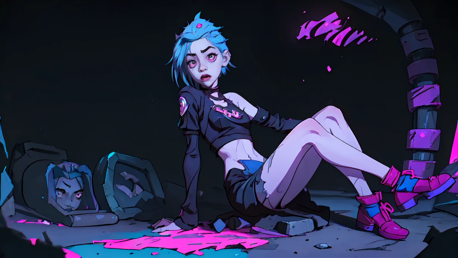solo female, (masterpiece), best quality, expressive eyes, perfect face, Arcane style art, Dark lines, Jinx, League of legends, pale white skin, Skinny, character centered in image, blue hair, crazy facial expression, Bright pink eyes, full body shot, looking at viewer, crazy pose, small perky breasts, night time, underground, sewer, Dark factory background, blue and pink neon graffitti, scrap on ground,