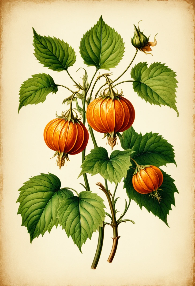 Vintage Victorian style, Precise vintage encyclopedia (best quality:1.2), (detailed:1.2), (masterpiece:1.2), vintage illustrations of physalis, botanical, ((without people)) ((nobody)) physalis plant
