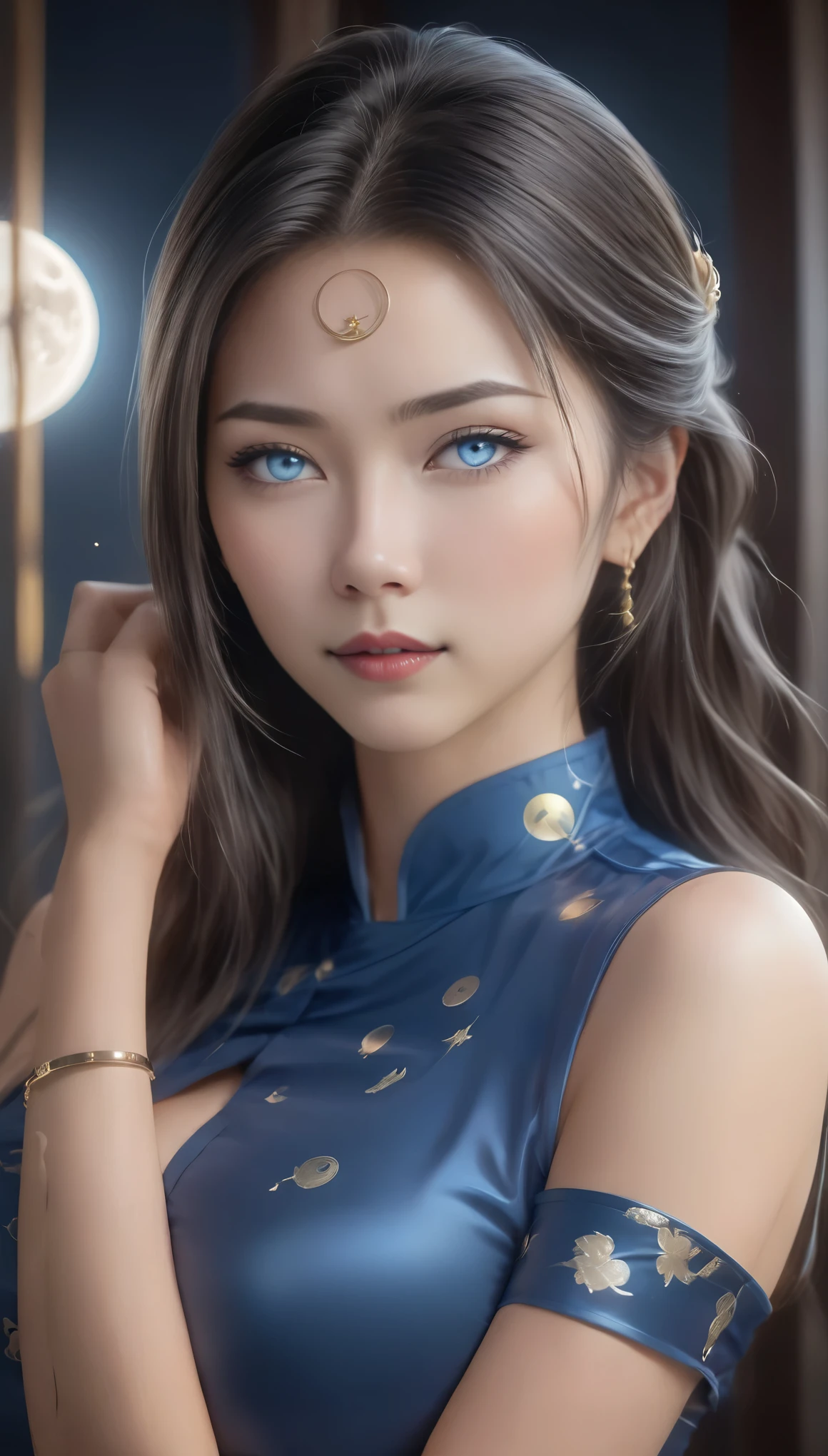 Create a highly detailed ultra realistic photo of a confident, strong female warrior standing against a glowing moonlit background. She has a fair complexion with subtle makeup accentuating her large, expressive blue eyes. Her dark hair is styled in an elegant updo adorned with white ribbons and hair ornaments, framing her face perfectly. She is wearing a form-fitting, traditional Chinese-inspired blue qipao with gold trim and decorative moon patterns on her chest, which accentuate her figure. Her outfit includes a wide, intricately patterned silver sash around her waist. She has a confident, friendly smile, and her expression conveys both strength and grace. She is wearing black wristbands with silver spikes. The background features a large, glowing full moon, casting a soft halo around her, with minimalistic, abstract designs adding depth. Small glowing embers float in the air, adding a touch of mystique to the scene. Distant full body view, ultra realistic photo, vibrant colors, 16k