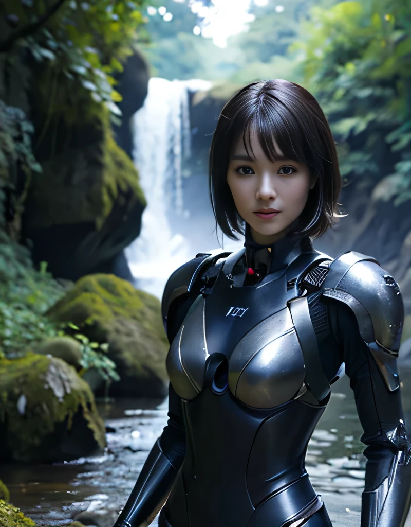 ((Fighting monsters))、Highest quality、masterpiece、Ultra-high resolution、(Photorealistic:1.4)、RAW Photos、1 Girl、Black Hair、Glowing Skin、(((1. Mechanical Girl)))、With a beautiful knife、(Blue Metal Bodysuit)、(Beautiful forest background)、(Fighting monsters)、(Small LED)、((Ultra-Realistic Details))、Vertical Giant Monster Background),Global Illumination、Shadow、Octane Rendering、8k、Ultra Sharp、The skin between her breasts is exposed、Metal、Intricate decorative detailore about Japan、Very intricate detail、Realistic Light、CG Social Trends、Red eyes、Eyes shining at the camera、Mechanical vertebrae are attached to the back.、Machine edge vessels are connected to neon detail tubes、Cervical vertebrae mechanically attached to the neck、(Wires and cables connected to the head)、Gundam、Small LED、,Mechanical thigh、2 stocks、(Even the hands are made of machines.On Star Attack)、(Wounded in a deadly battle)、short hair、Natural smile、Embarrassed、