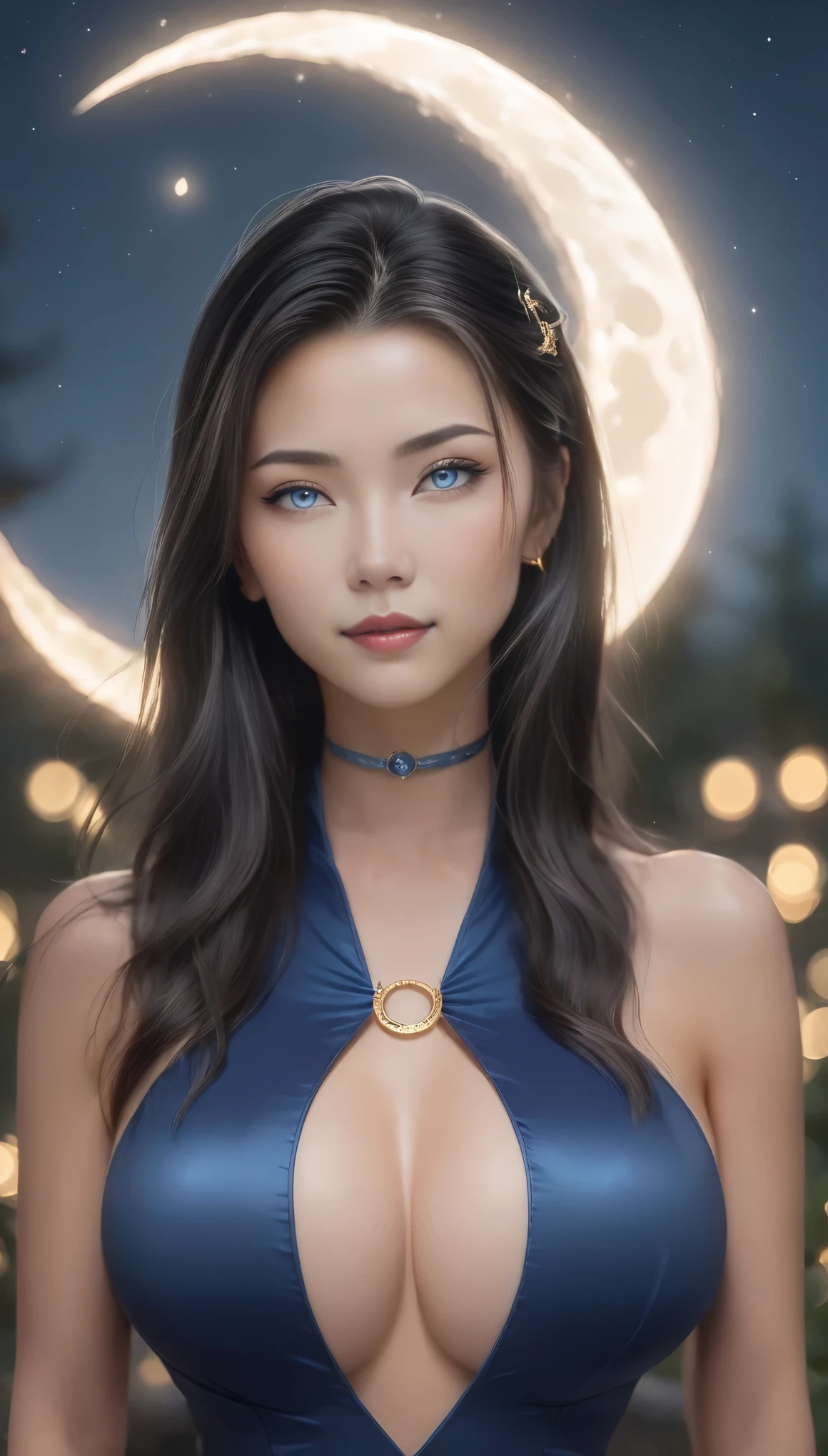 Create a highly detailed ultra realistic photo of a confident, strong female warrior standing against a glowing moonlit background. She has a fair complexion with subtle makeup accentuating her large, expressive blue eyes. Her dark hair is styled in an elegant updo adorned with white ribbons and hair ornaments, framing her face perfectly. She is wearing a form-fitting, traditional Chinese-inspired blue qipao with gold trim and decorative moon patterns on her chest, which accentuate her figure. Her outfit includes a wide, intricately patterned silver sash around her waist. She has a confident, friendly smile, and her expression conveys both strength and grace. She is wearing black wristbands with silver spikes. The background features a large, glowing full moon, casting a soft halo around her, with minimalistic, abstract designs adding depth. Small glowing embers float in the air, adding a touch of mystique to the scene. Distant full body view, ultra realistic photo, vibrant colors, 16k