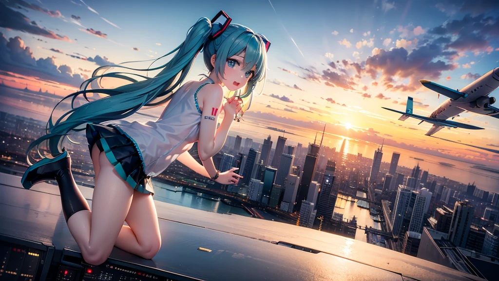 2D, masterpiece, highest quality, anime, very detailed, 1 girl, Hatsune Miku,flying in the sky,Above the city,flying with an aircraft