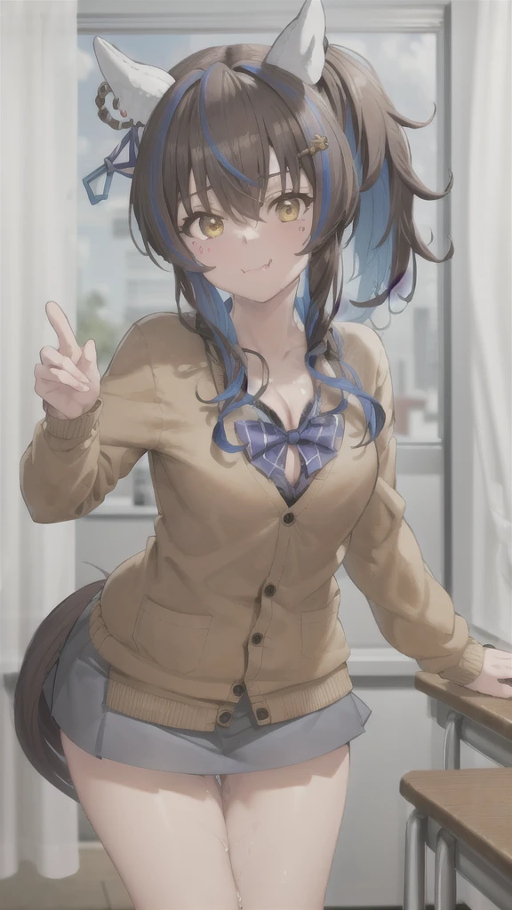 masterpiece, best quality, daitaku helios \(umamusume\), 
, white socks, long sleeves, blue bowtie, collared shirt, grey skirt, white shirt, miniskirt, brown cardigan, skin fang, 
leaning forward, hand on own hip, classroom,
cowboy shot, bra peek,cleavage,black bra
