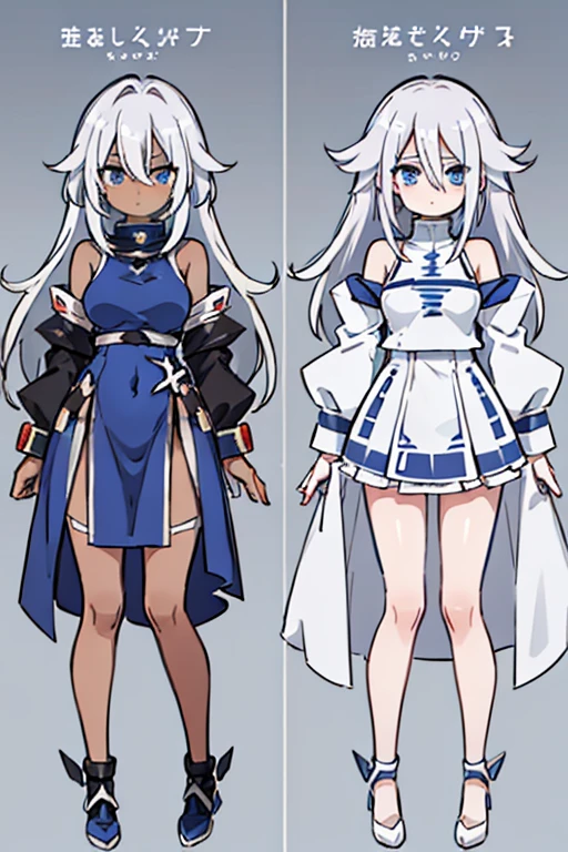 -yeld gi Messy hair (like Android 21), Broken hair, Silver hair with light blue tones, Sky blue eyes, Brown skin, Dark skin, Silver dress with light blue, Long sleeves, paladin-type clothing, Shoulders uncovered, expression: shy, full body image.