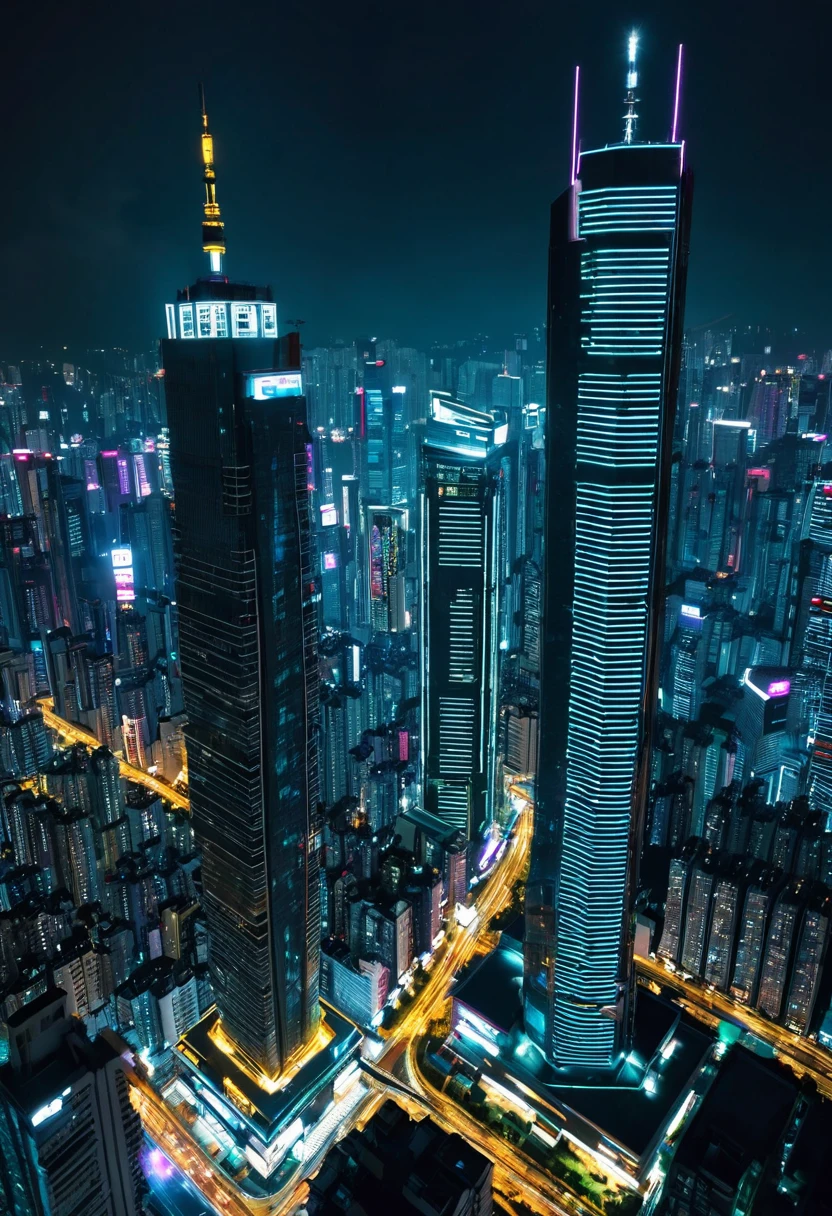 Skyscraper,Cyberpunk,都市Night view,Night view,一个女孩坐在Skyscraper楼顶