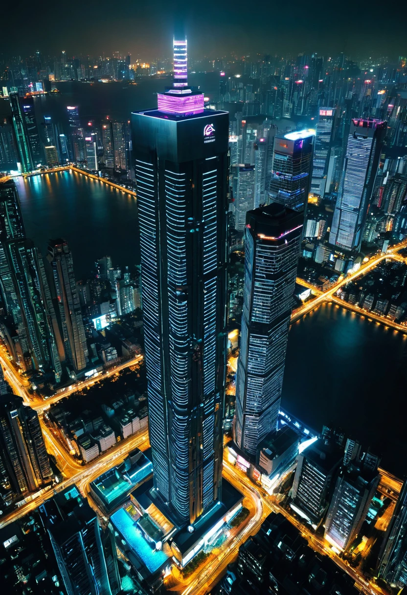 Skyscraper，Cyberpunk，都市Night view，Night view，一个女孩坐在Skyscraper楼顶