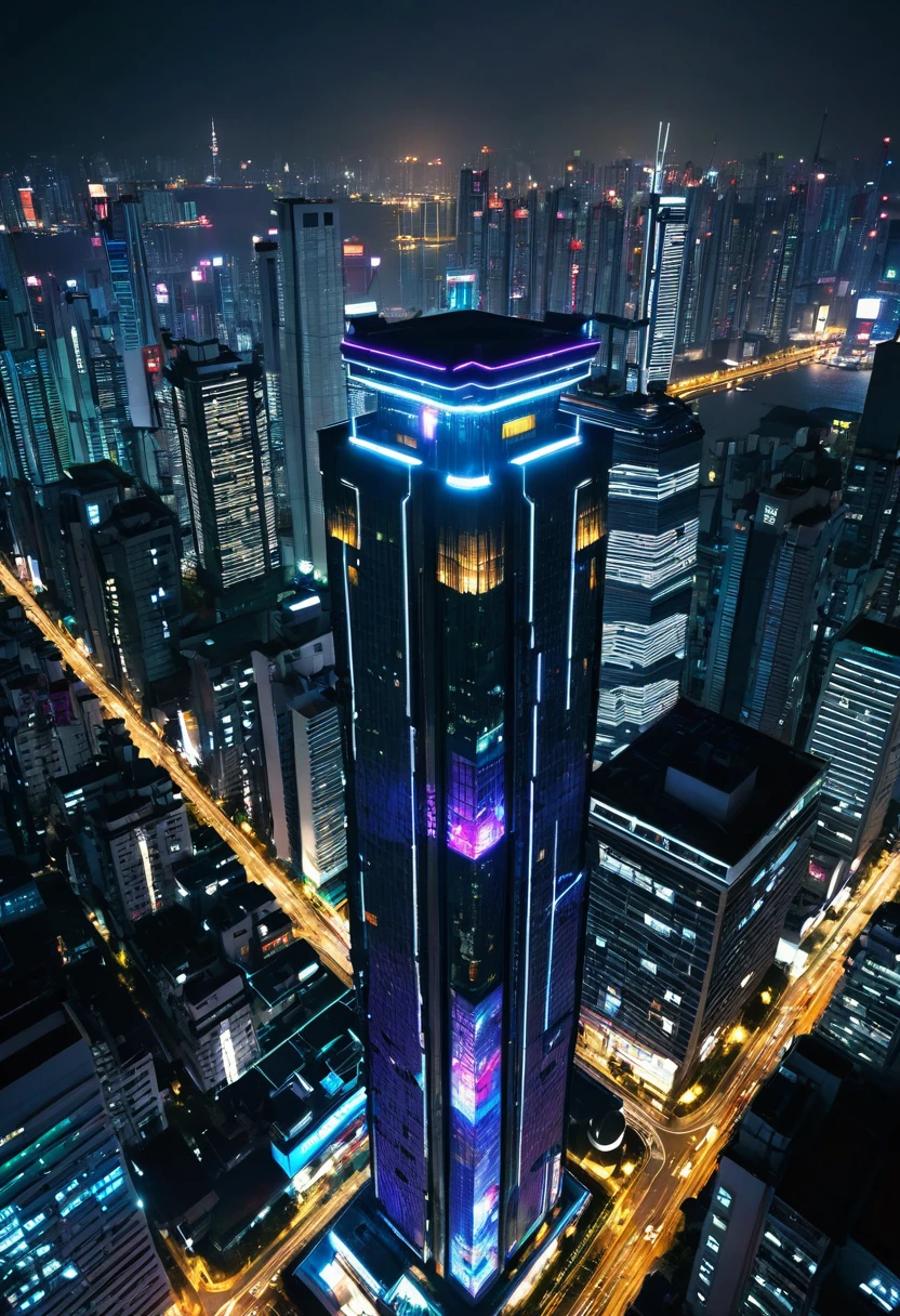 Skyscraper,Cyberpunk,都市Night view,Night view,一个女孩坐在Skyscraper楼顶