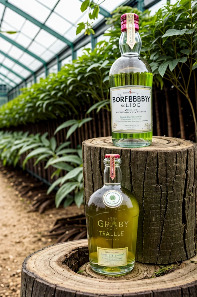 bootle of strabery gin siting on stump in beatiful green house