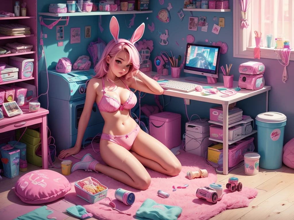 age bunny girl dirty room at night, retro old pink bed, bras, panties, underwear scattered, PlayStation 5 and controller, PC and monitor, bunny art on display monitor, window, pink and blue light entering the room, junk food, cup noodle and DRINK jars and cans are scattered, trash cans are overflowing. The walls are bare with cables and wiring, only the appliances are futuristic, sparkling dust is flying around the room, night, HD, 8K, masterpiece, real texture.