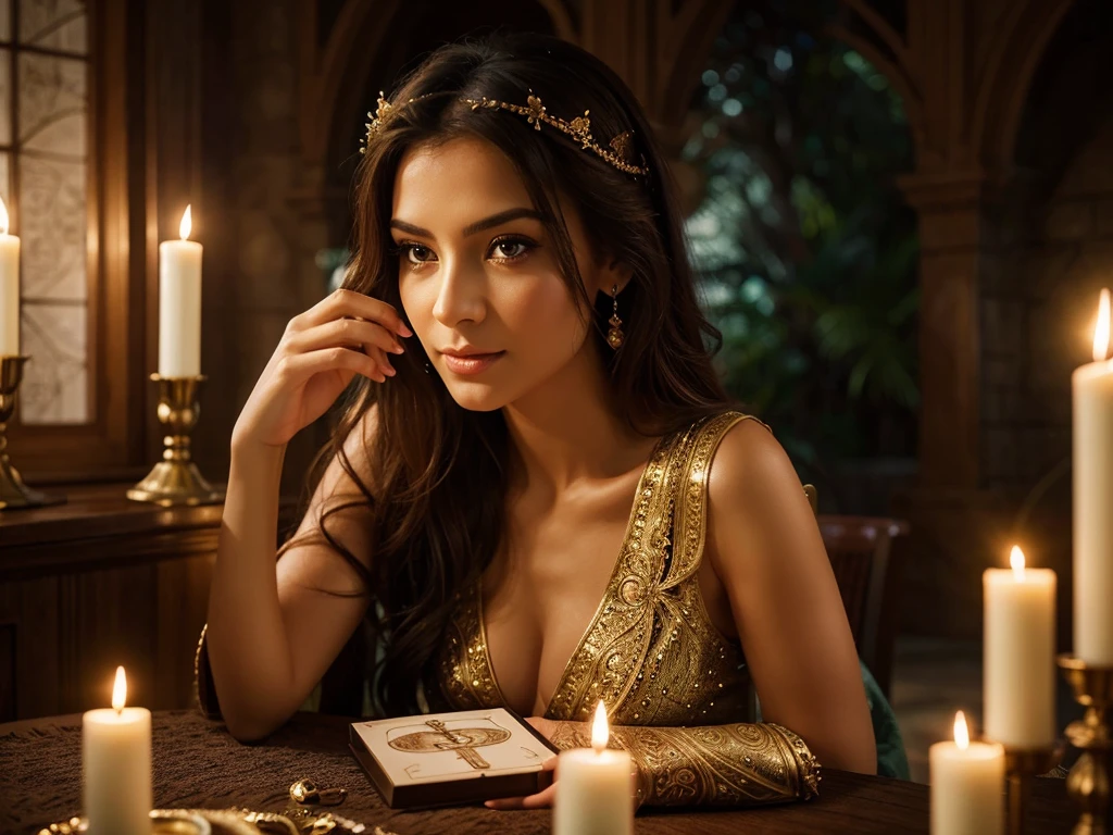 Create a stunning portrait of a tarot reader woman in a serene and mystical setting. Capture her beauty with intricate details such as her expressive eyes and delicate lips, emphasizing a hyper-realistic style. Place her at a table adorned with shimmering crystals, vibrant tarot cards spread out, and softly glowing candles casting gentle light. Use cinematic lighting techniques to enhance the vibrant colors and create a magical, ethereal atmosphere. Ensure the background is light and airy, evoking a sense of tranquility and mystique that transports viewers into a world of enchantment and wonder.