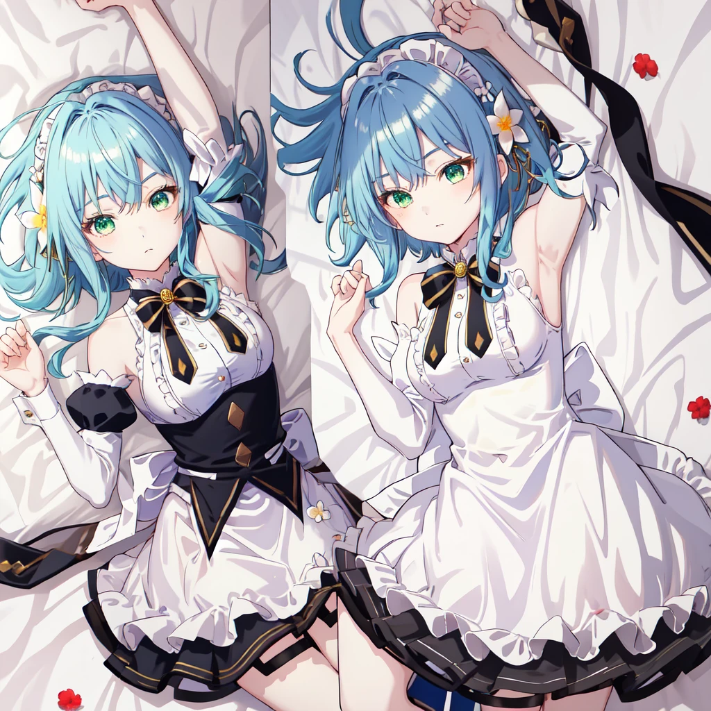 masterpiece, best quality, highres, 1girl blue hair green eyes hair ribbon hair flower, bare shoulders sleeveless shirt white shirt white apron black sleeves detached sleeves black bowtie frilled skirt thigh strap lying on back, bed sheet, arms up