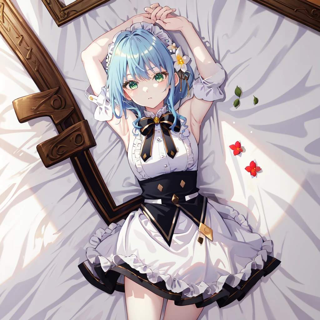 masterpiece, best quality, highres, 1girl blue hair green eyes hair ribbon hair flower, bare shoulders sleeveless shirt white shirt white apron black sleeves detached sleeves black bowtie frilled skirt thigh strap lying on back, bed sheet, arms up