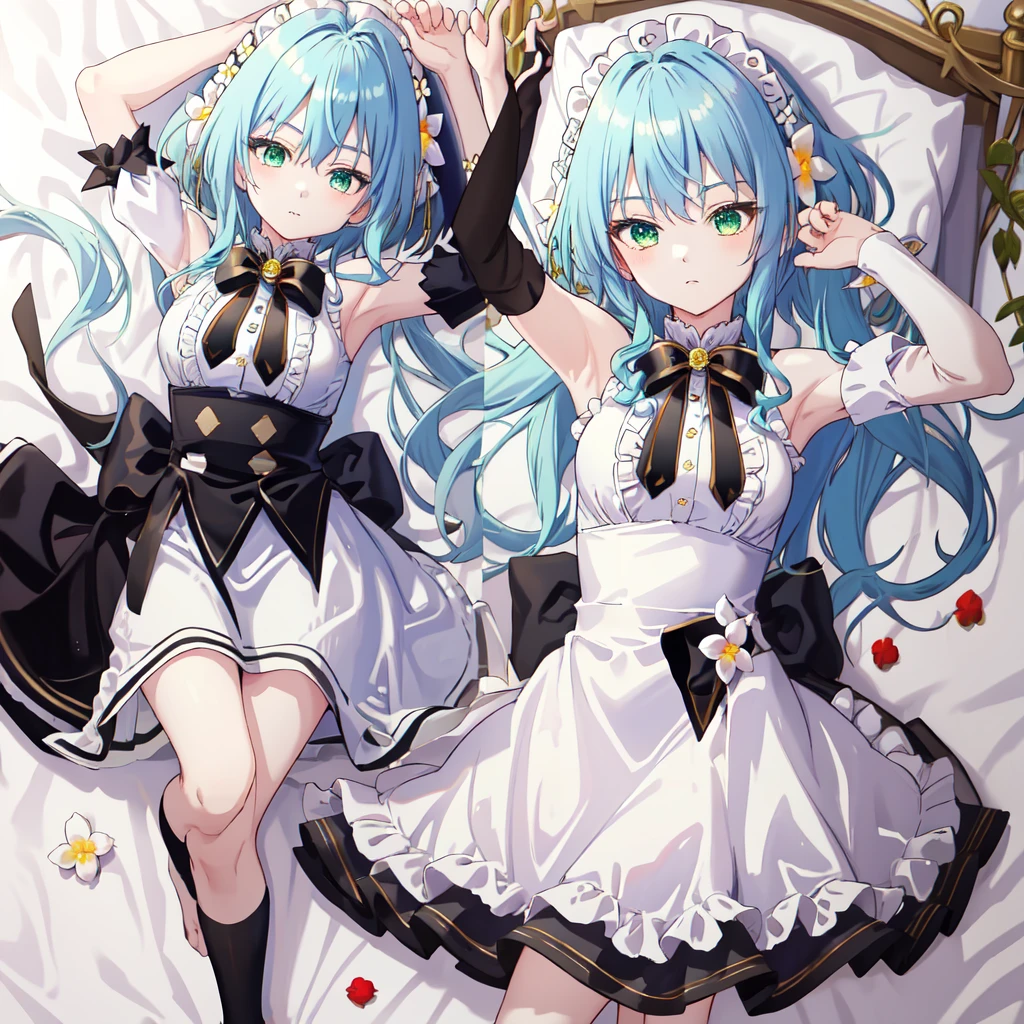 masterpiece, best quality, highres, 1girl blue hair green eyes hair ribbon hair flower, bare shoulders sleeveless shirt white shirt white apron black sleeves detached sleeves black bowtie frilled skirt thigh strap lying on back, bed sheet, arms up