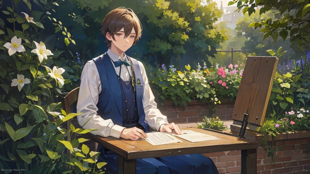 Man sitting in the garden, Apron vest, Very detailed, nice , 1900s, anime, Gorgeous lighting, Illuminated