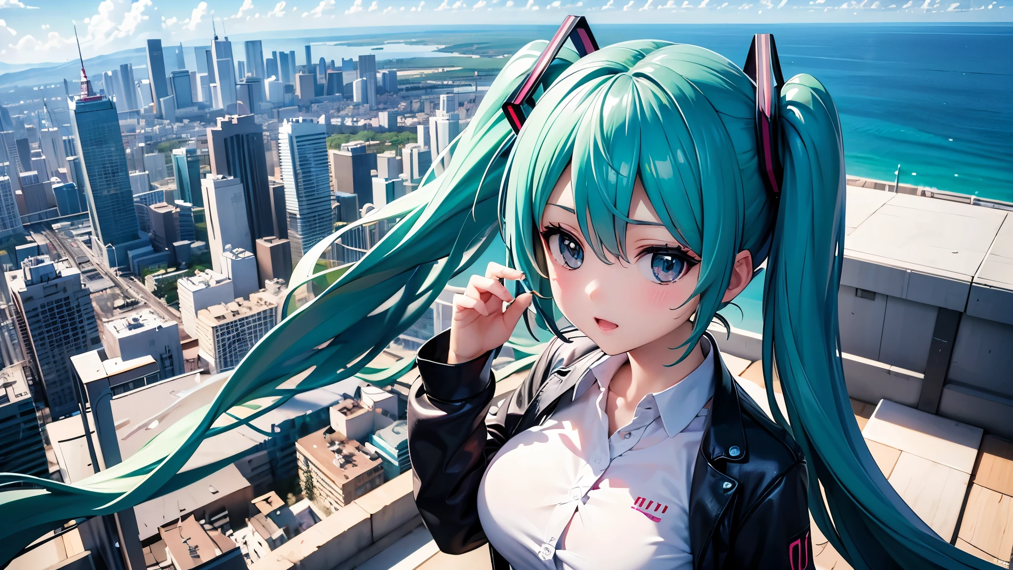 2D, masterpiece, highest quality, anime, very detailed, 1 girl, Hatsune Miku,flying in the sky,Above the city,flying with an aircraft
