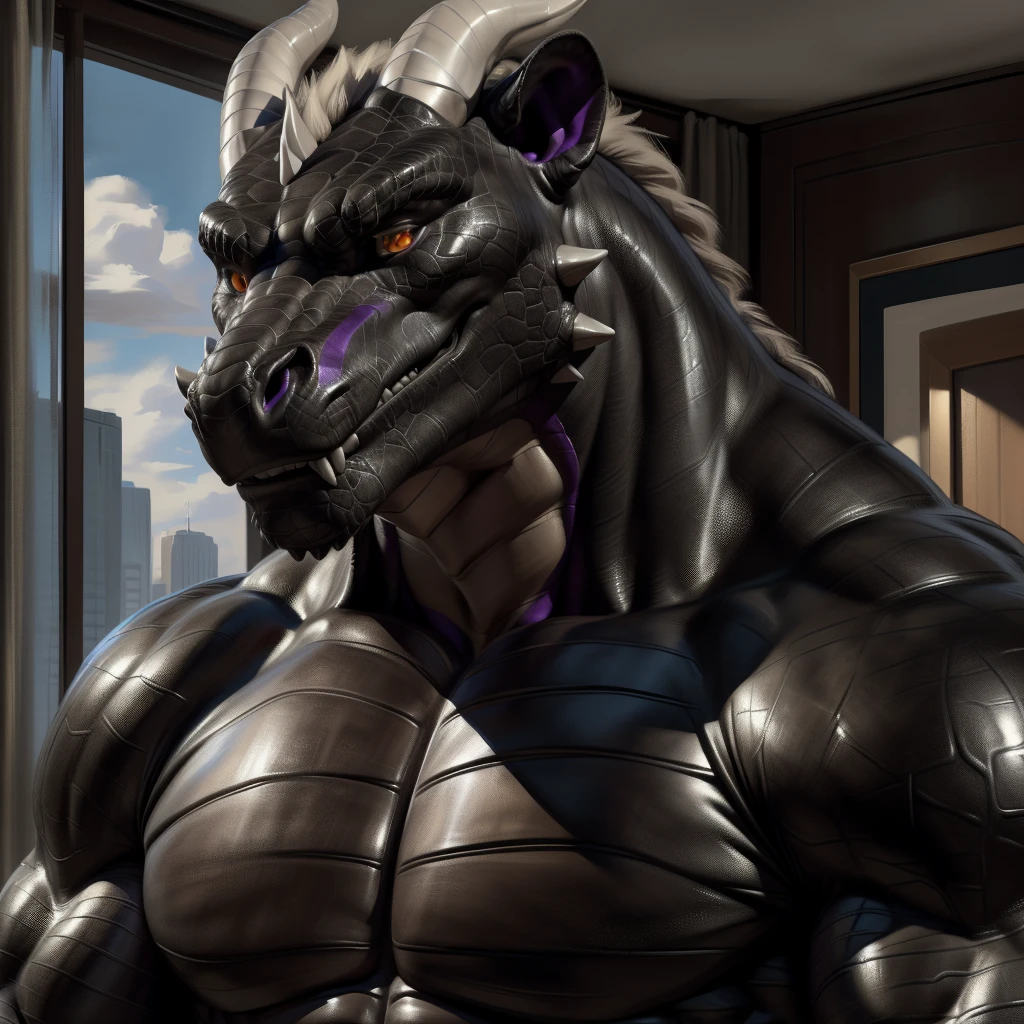 uploaded on e621.net, (best quality, masterpiece, highres, HD, 16k, textured skin, high detail)+, (ultra realism shading, photorealistic)+++, anthro, (dragon)++, (black body)++++, (purple pectorial muscles)++++, (purple abs)++++, (face close-up shot)++, (serious face)++, (gray horns on head and jaw), big muscles, male focus, male, gay, handsome, (male solo)++, bedroom, tall, (detailed yellow eyes)+, looking at viewer, (correct anatomy)+, (art by kaynine, chunie, darkgem, ffffolder)+