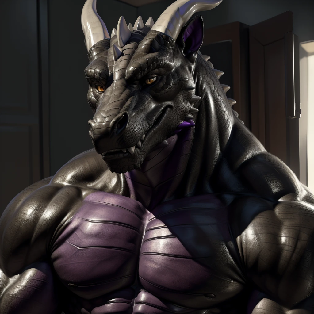uploaded on e621.net, (best quality, masterpiece, highres, HD, 16k, textured skin, high detail)+, (ultra realism shading, photorealistic)+++, anthro, (dragon)++, (black body)++++, (purple pectorial muscles)++++, (purple abs)++++, (face close-up shot)++, (serious face)++, (gray horns on head and jaw), big muscles, male focus, male, gay, handsome, (male solo)++, bedroom, tall, (detailed yellow eyes)+, looking at viewer, (correct anatomy)+, (art by kaynine, chunie, darkgem, ffffolder)+