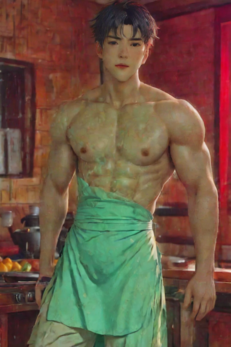 Handsome man,Topless,Wearing an apron,Take a spatula,Standing in the kitchen,modern style