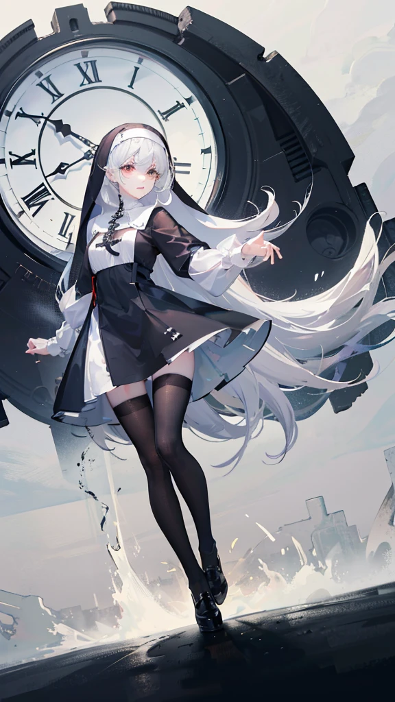 Character (hair bangs) (white long hair) (white pale skin) (battle nun-style clothing) (black clothing) (character in dynamic pose) (perspective angle taken)
