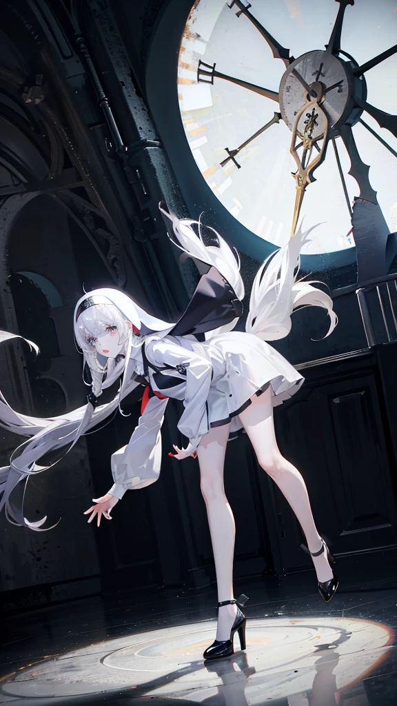 Character (hair bangs) (white long hair) (white pale skin) (battle nun-style clothing) (black clothing) (character in dynamic pose) (perspective angle taken)