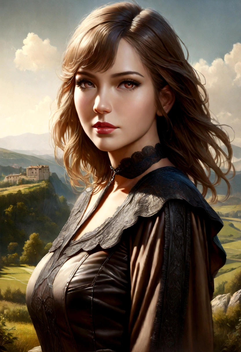 A French woman, beautiful detailed eyes, beautiful detailed lips, extremely detailed eyes and face, long eyelashes, holding a flag of France, elegant dress, standing in a scenic French landscape, (best quality,4k,8k,highres,masterpiece:1.2),ultra-detailed,(realistic,photorealistic,photo-realistic:1.37),portrait,landscape,vivid colors,dramatic lighting