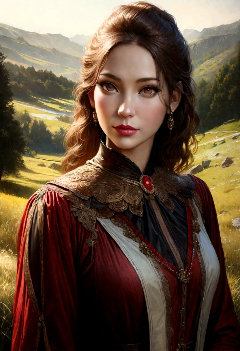 A French woman, beautiful detailed eyes, beautiful detailed lips, extremely detailed eyes and face, long eyelashes, holding a flag of France, elegant dress, standing in a scenic French landscape, (best quality,4k,8k,highres,masterpiece:1.2),ultra-detailed,(realistic,photorealistic,photo-realistic:1.37),portrait,landscape,vivid colors,dramatic lighting
