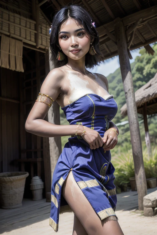 ((best quality)), ((masterpiece)), (detailed), perfect face, prefect clean skin, young Floresian girl wear Sleeveless strapless Floresian traditional songke dress, Lawo Lambu, in front of Mbaru Niang, typical beauty of the Ende tribe, raised her hand and expose her armpits while she dancing