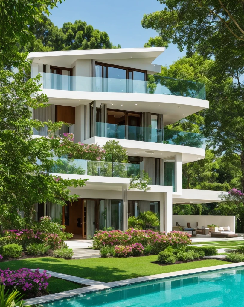 the exquisite beauty of modern style house with nature, flowers, pool, realistic, professional, vivid colors, soft lighting, natural landscapes, detailed trees, colorful garden, gentle breeze, vibrant hues, natural tranquility, lush greenery
