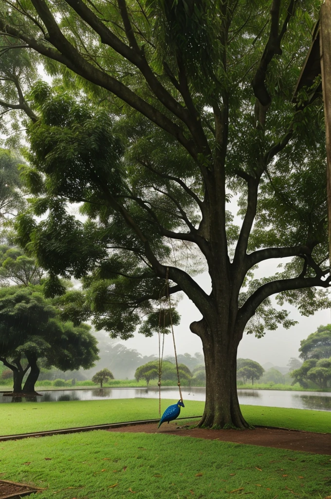 A beautiful Rainy season scene with a tree and a long swing hung on it in the background and the peacock dancing opening his feathers wide open in the rain