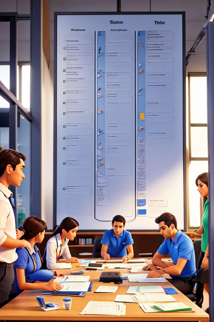 Employees of a company looking at a board, using the Kanban technique, para organizar tarefas!