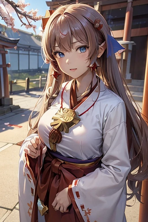 #Basics A girl is posing for a photo, animeのかわいい女の子, (((One Girl, Baby Face, ))),
BREAK
#Clothing Accessories
((Shrine maiden costume:1.5) : A red haori with large sleeves on a white background:1.4 + Cherry blossom embroidery + Deep red hakama skirt:1.4 + traditional shrine maiden costume:1.4),
(Silver earrings),
BREAK
#Features
(Light green hair:1.4, Chest-length sideburns:1.4 + Curly hair:1.4, Big twin tails : Hair blowing in the wind + Very long hair + Curly hairで横に広がるボリュームのある髪 + Outwardly curled hair),
(Droopy eyes,blue eyes), (Small breasts),
BREAK
#expression
(Glaring + Screaming + Angry),
#background environment
((noon, Sunshine + shrine + Rural landscape)),
#composition
(Face the viewer:1.4, Kempo stance:1.4, punch:1.4, Cowboy Shot:1.4),
BREAK
#Body parts elements
(Beautiful Hair,Shiny Hair),
(double eyelid, Long eyelashes),
(Expression of fine eyes, Beautiful and delicate eyes, Sparkling eyes, Eye Reflexes),
(Human Ear),
(Beautiful Nose, Thin Nose),
(Glossy lips, Beautiful Lips, Thick lips), (Symmetrical facial features),
(Detailed skin, Textured skin, Beautiful Skin),
BREAK
#Quality
(((Highest quality)), ((masterpiece)), ((Very detailed))), ((High resolution), (16k,1080p)),
(Realistic), (Anatomically correct),
((comics, anime)), (3DCG), CG illustration,