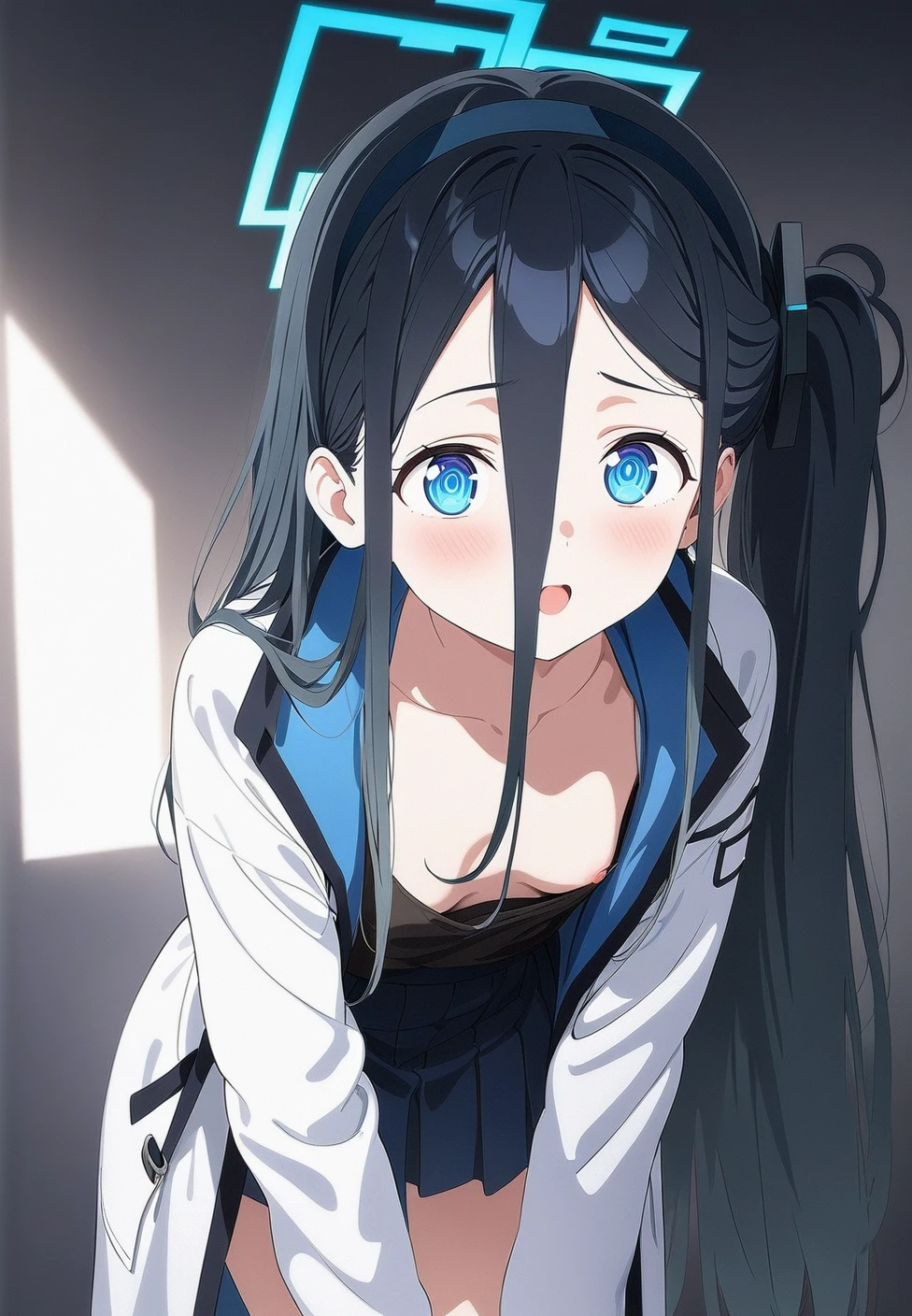 best quality, amazing quality, very aesthetic, absurdres, 1girl,aris (blue archive), blue archive, blue eyes, (artist official art:1.5), (realistic face:0.65), blush, breasts_apart, small breasts, cinematic light, collarbone, commentary_request, cowboy_shot, downblouse, dress_shirt, green_skirt, hair_intakes, hanging_breasts, highres, lab_coat, leaning_forward, long_sleeves, looking_at_viewer, open_coat, open_mouth, sleeves_past_wrists, solo, white_background, white_shirt, nsfw, concept art, expressive eyes, perfect face, 4k, extremely detailed anime illustration, extremely detailed eyes, enhanced details, perfect anatomy, light rays, photo background, extremely delicate body, smooth skin, feminine expression, black background, cristal clear eyes, beautiful face