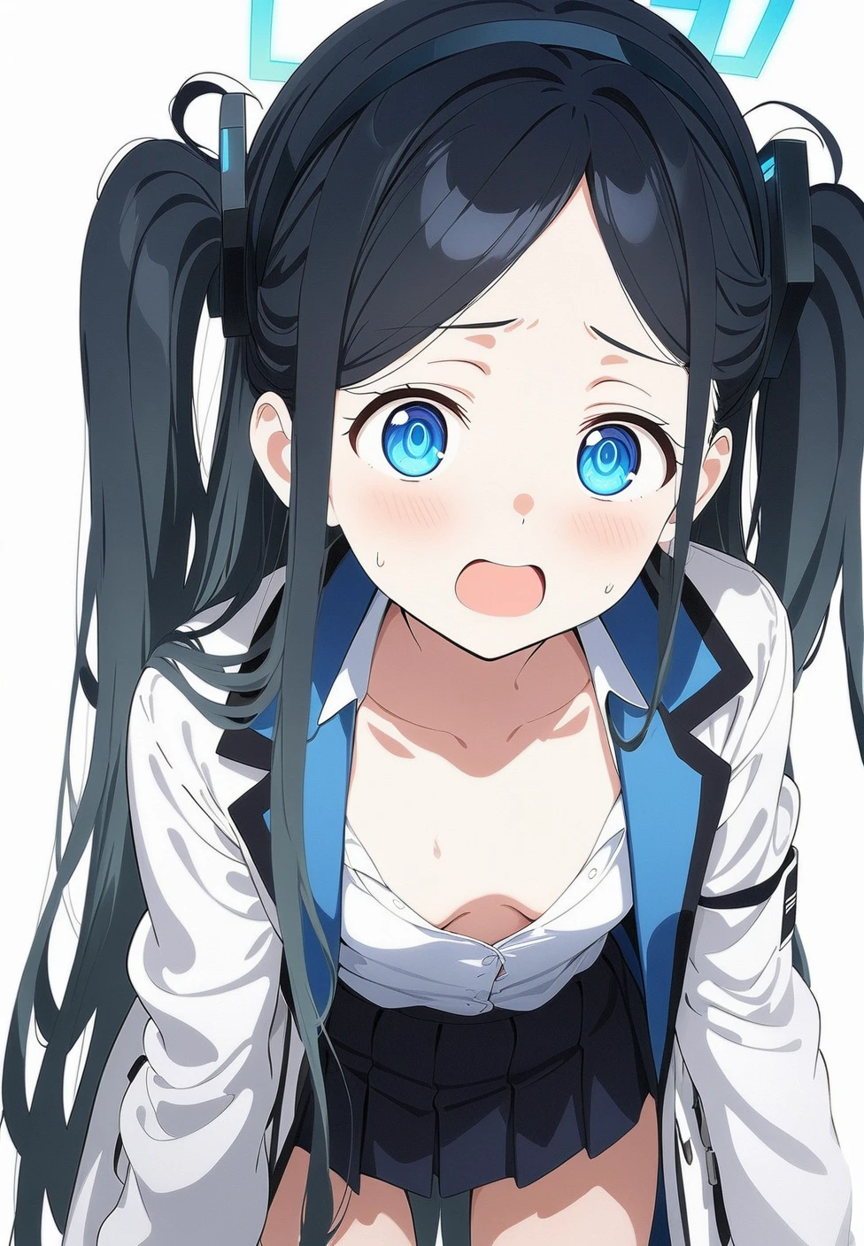 best quality, amazing quality, very aesthetic, absurdres, 1girl,aris (blue archive), blue archive, blue eyes, (artist official art:1.5), (realistic face:0.65), blush, breasts_apart, small breasts, cinematic light, collarbone, commentary_request, cowboy_shot, downblouse, dress_shirt, green_skirt, hair_intakes, hanging_breasts, highres, lab_coat, leaning_forward, long_sleeves, looking_at_viewer, open_coat, open_mouth, sleeves_past_wrists, solo, white_background, white_shirt, nsfw, concept art, expressive eyes, perfect face, 4k, extremely detailed anime illustration, extremely detailed eyes, enhanced details, perfect anatomy, light rays, photo background, extremely delicate body, smooth skin, feminine expression, black background, cristal clear eyes, beautiful face