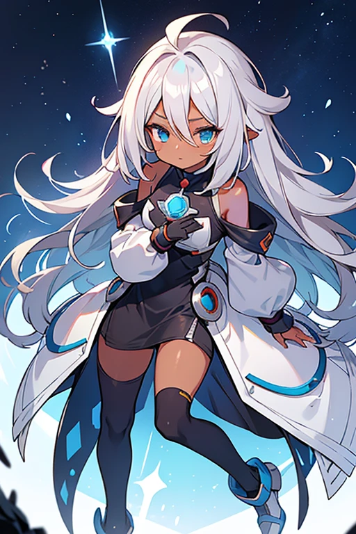 , Messy hair (like Android 21), Broken hair, Silver hair with light blue tones, Sky blue eyes, Brown skin, Dark skin, Silver dress with light blue, Long sleeves, paladin-type clothing, Shoulders uncovered, expression: shy, full body image.