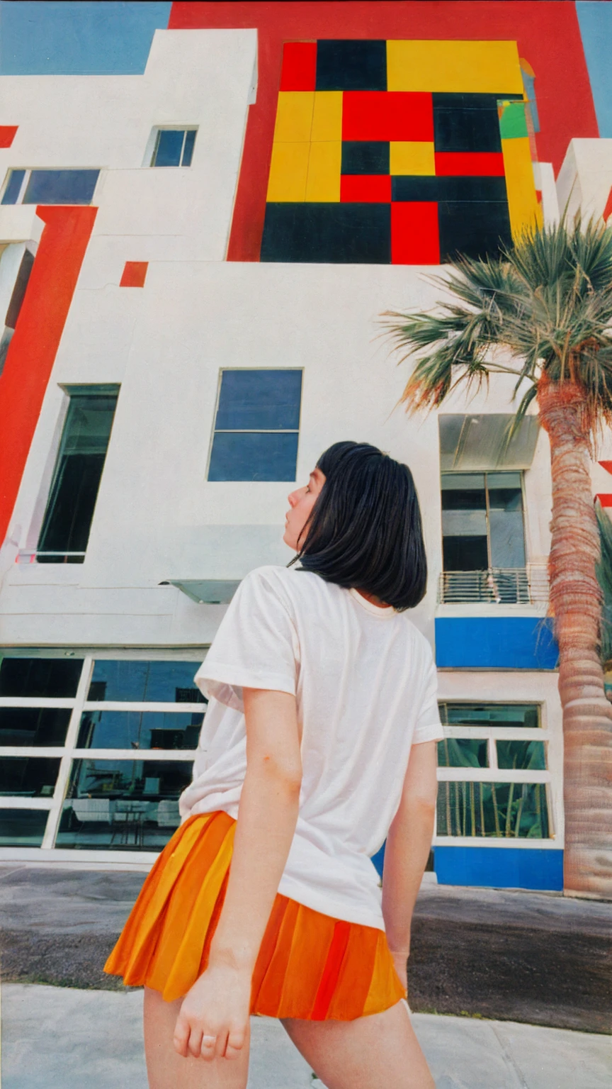 1 girl, beautiful, black bob hair, almond eye, no makeup, white tshirt, ((oversize_untucked tshirt)), peach tennis skirt in front of ((80's mondrian architecture colorful motel)),(from below:1.2), (realistic:1.1), (surreal:1.2), (very detailed:1.1), ((masterpiece)),summer, blue sky, palm trees,sunny, los angles vibes
