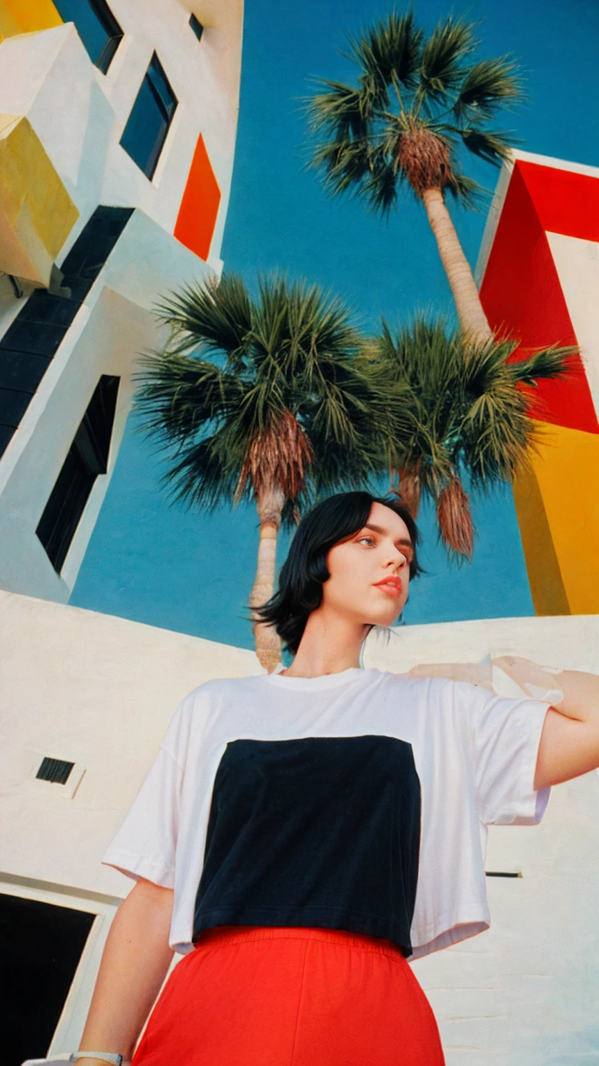 1 girl, beautiful, black bob hair, almond eye, no makeup, white tshirt, ((oversize_untucked tshirt)), peach tennis skirt in front of ((80's mondrian architecture colorful motel)),(from below:1.2), (realistic:1.1), (surreal:1.2), (very detailed:1.1), ((masterpiece)),summer, blue sky, palm trees,sunny, los angles vibes