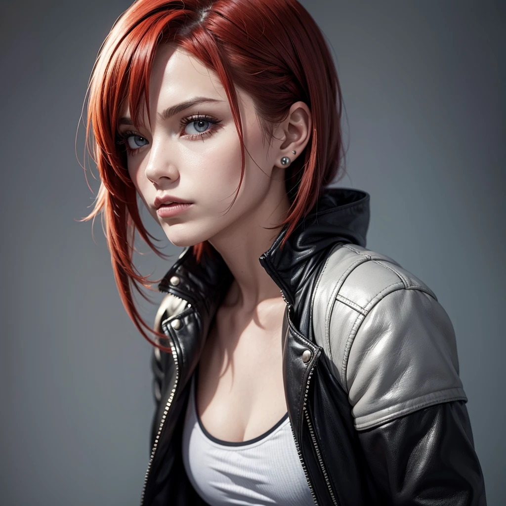 a female character, "Pixie Mullet" hairstyle, red colored hair. The background is greyish white. The character's face is confident, with pale skin and corpse paint. She wears a dark-colored leather jacket with studs.