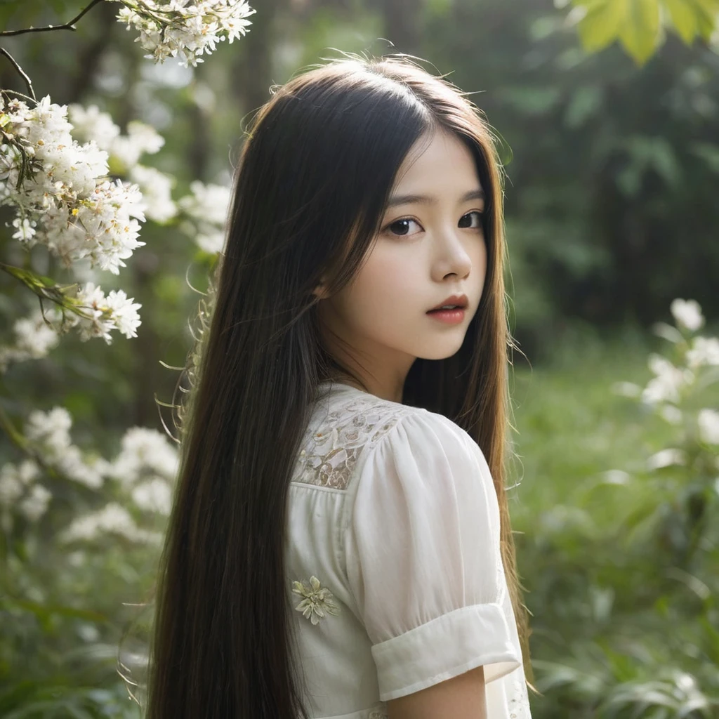 Young girl with long straight hair. Semi nua num campo com flores e floresta obscura