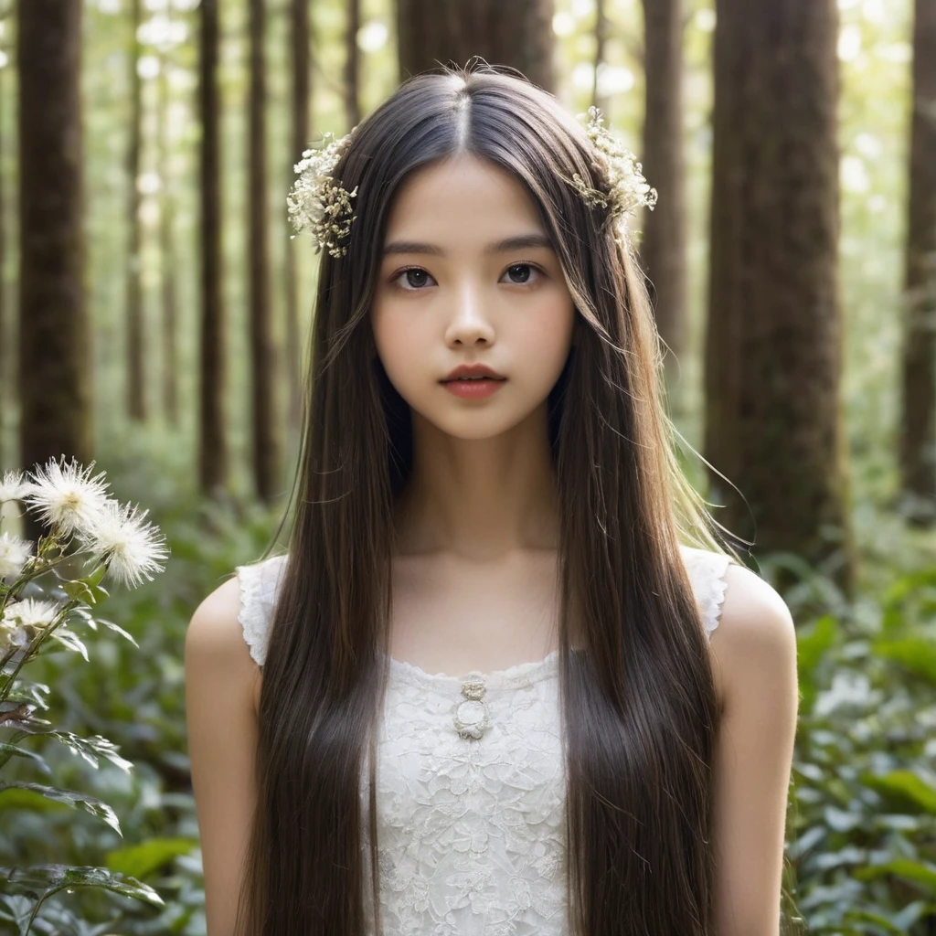 Young girl with long straight hair. Semi nua num campo com flores e floresta obscura