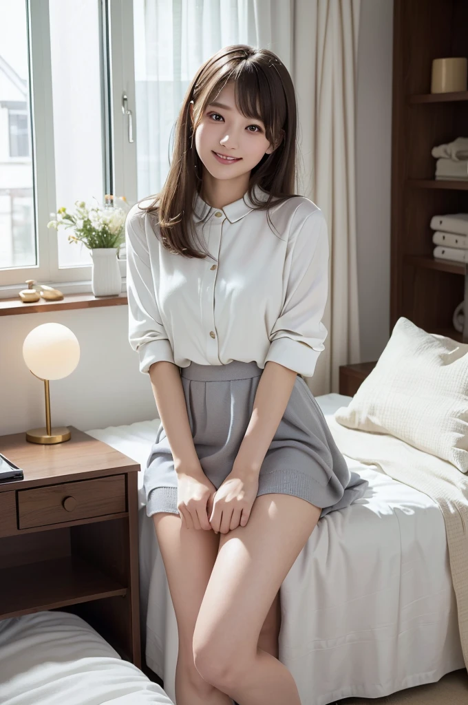 (Highest quality、masterpiece:1.9)、((Neat and clean female college student、1 person))、Soft lighting by a professional photographer、Natural light、((Very spacious white luxurious room:1.6))、((Bright white room:1.6))、(Sitting on a very luxurious white bed:1.2)、(White Bookcase:1.1)、Natural soft light、((Brown Hair:1.1))、Fair skin、Detailed Eyes、double eyelid、Slightly puffy cheeks、((Small Face:1.0))、((Grey knit dress、Please wear it with the chest open.:1.1))、Live-action image quality、(No bangs:1.8)、F cup big breasts、Grey mini skirt、Please wear it with the chest open.:1.2、(smile)、((Girly pose 1.8))、High resolution,、((Long Hair:1.2))、((Full Body Shot:1.2))、Live-action image quality、((Height: 150cm))、Hands in front、Hide your hands between your legs、
